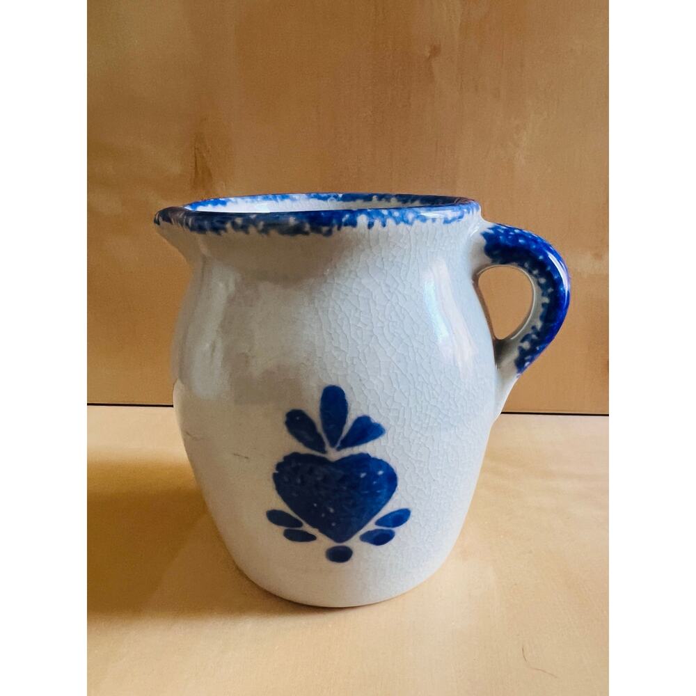 Blue Spongeware Heart Pitcher Small Stoneware Style Farmhouse Kitchen Creamer